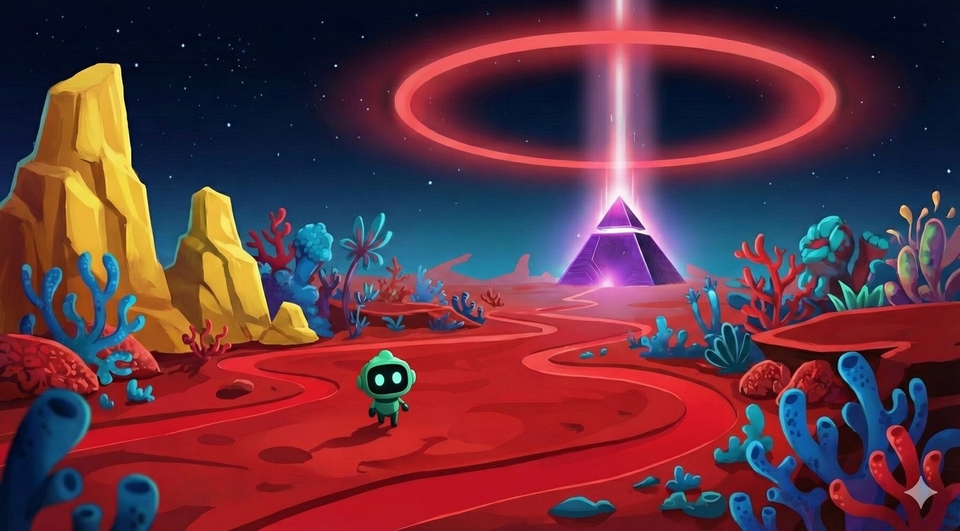 Byte the robot navigating a red cellular landscape toward a mysterious purple energy pyramid