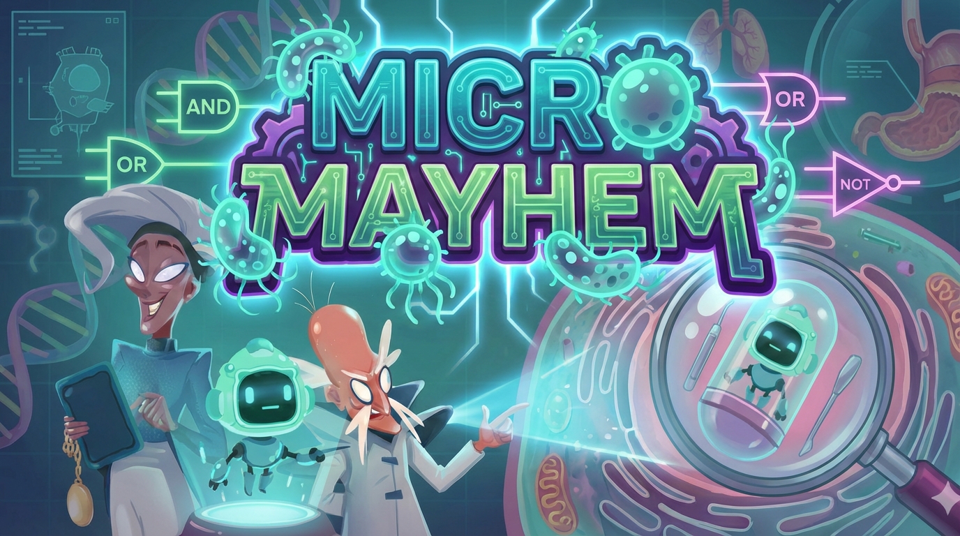 Micro Mayhem — featuring Dr. Maya, The Professor, and Byte exploring in a microscopic cellular world